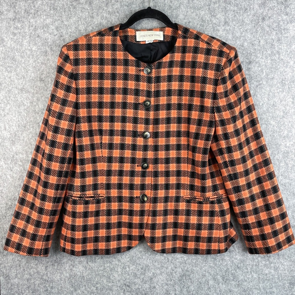 Vintage Jones New York Wool Blazer Womens 16 Orange Check Preppy Academia USA